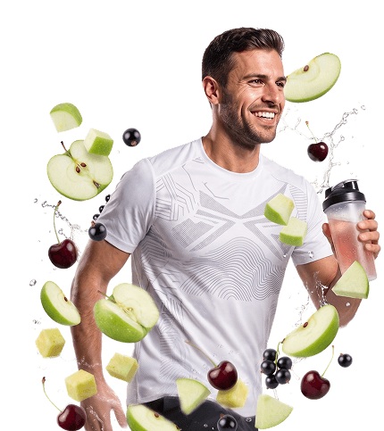 Egy sportruházatban lévő férfi fut, miközben egy shakert tart a kezében.