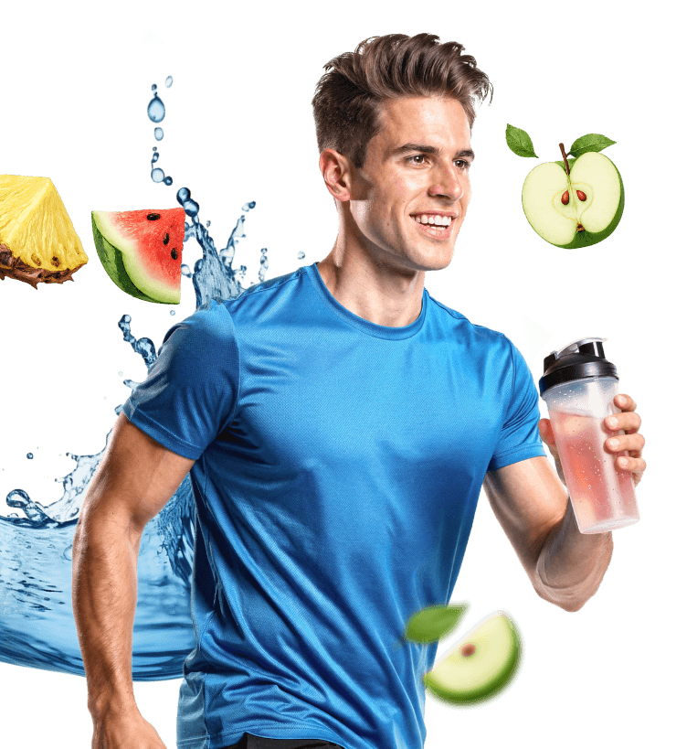 Egy sportruházatban lévő férfi fut, miközben egy shakert tart a kezében.